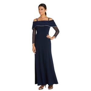 4060) R&M Richards Navy Blue Long Evening Dress Rhinestone Detail Plus Size 20W